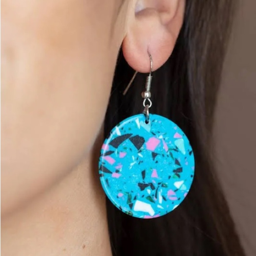 Blue terrazzo circle earrings, new